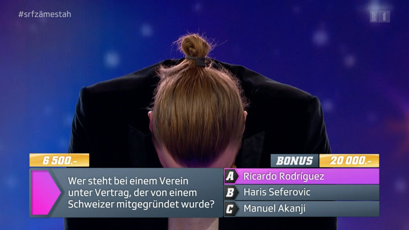 Baschi mit der Risikofrage bei «1 gegen 100» Spezial © SRF, Screenshot RFV Basel 2021