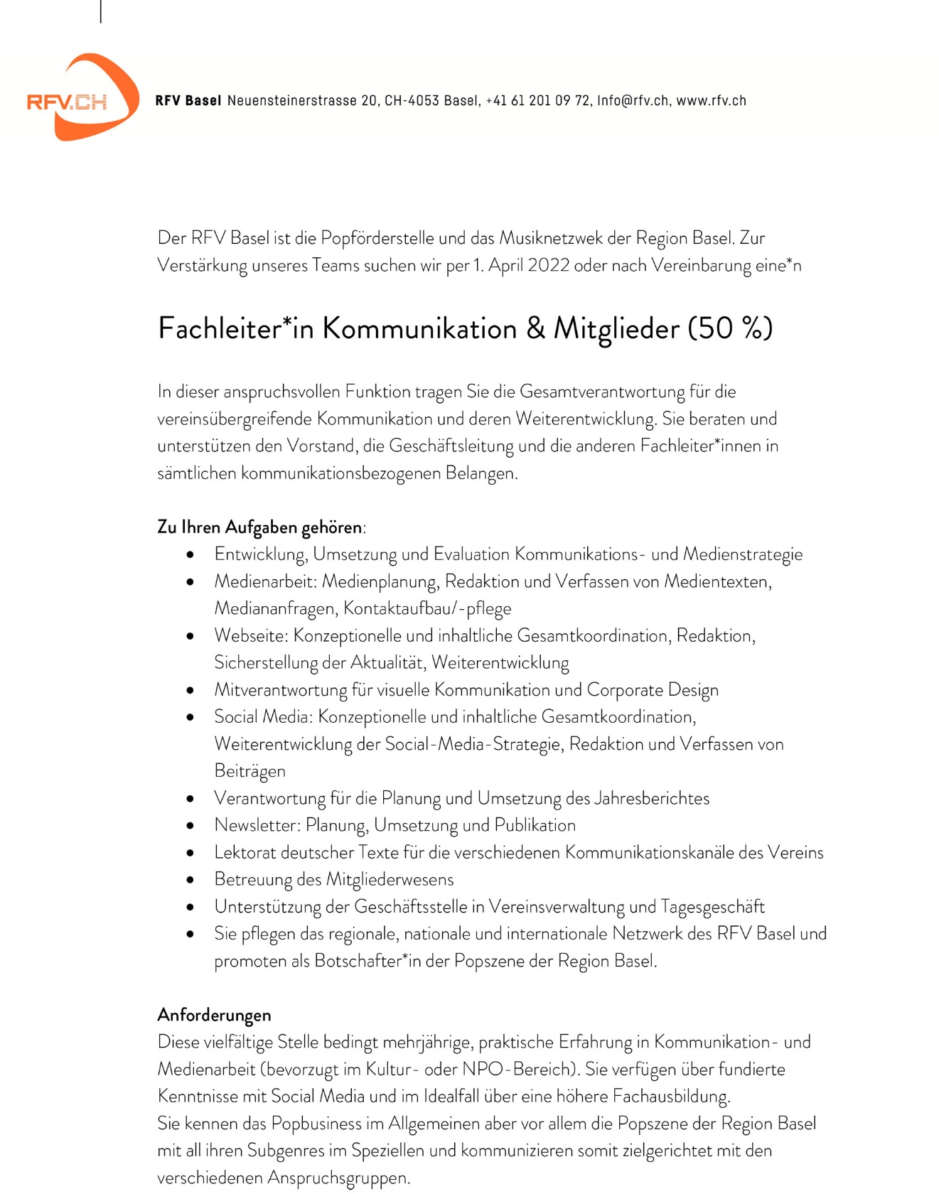 Stelleninserat Fachleitung Kommunikation + Mitglieder